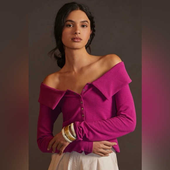 NWT Maeve Anthropologie Ribbed Off Shoulder Snap Button cardigan top w/ collar L - Picture 6 of 10